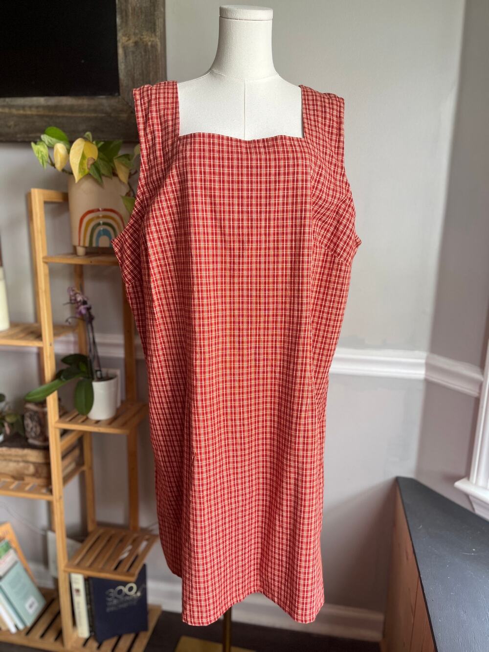 Vintage 90s Plaid Dress Knee Length Orange Pink Cotton Overall Size 2X